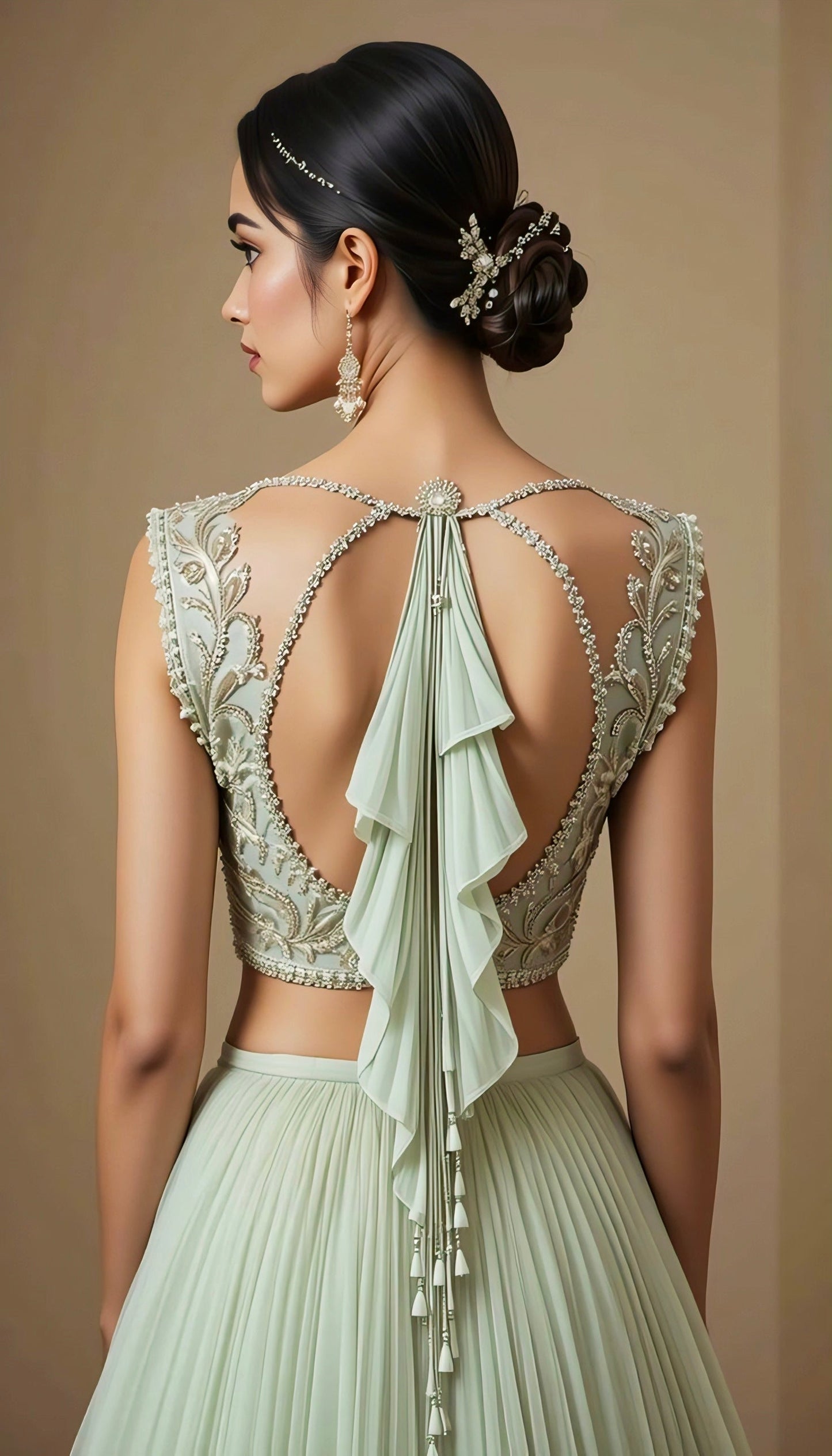 Woman wearing mint green embroidered blouse with ruffled tassel back design — elegant wedding and festive wear blouse.