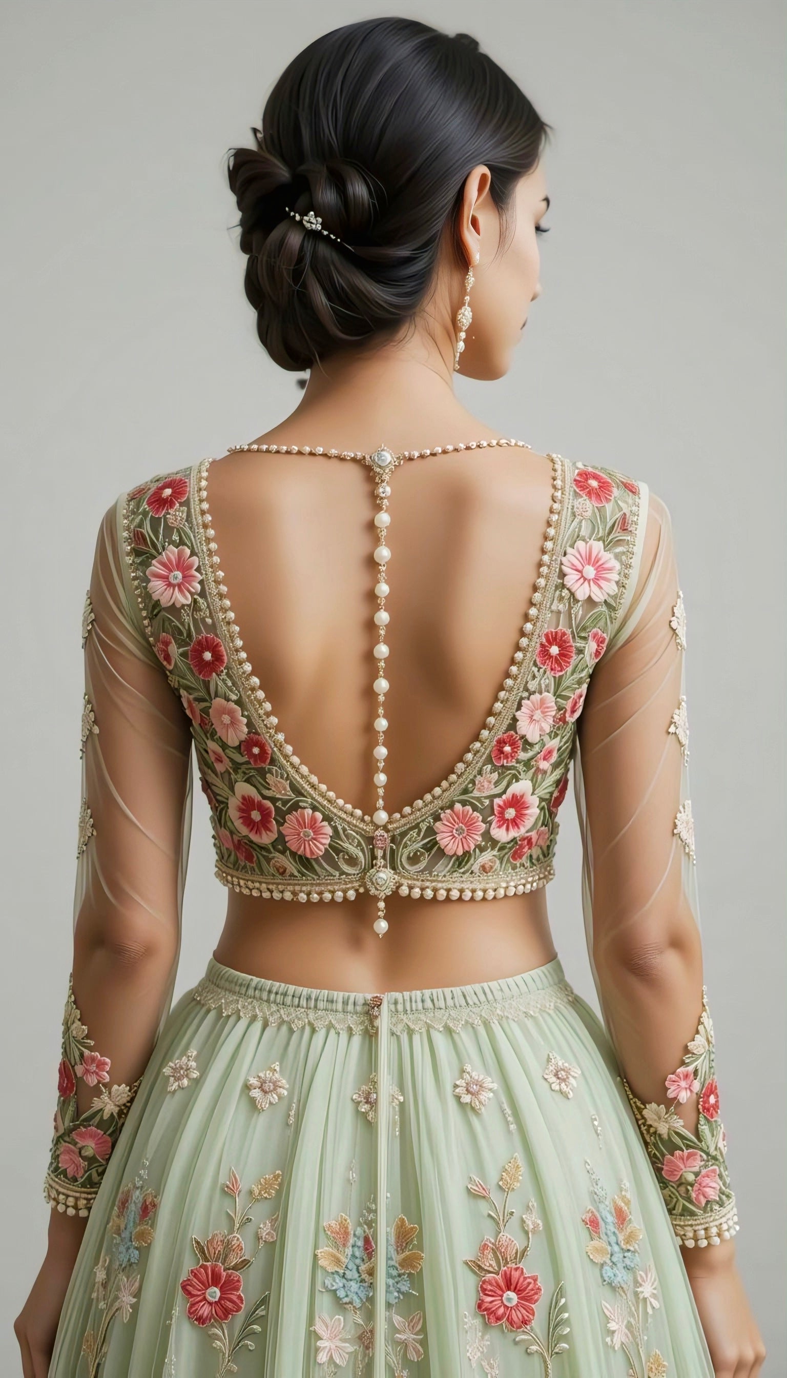 Woman wearing mint green embroidered floral back-neck blouse with pearl chain detailing — elegant bridal and festive wear blouse design.