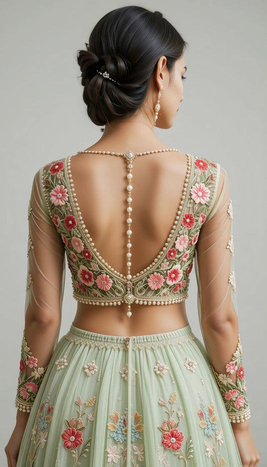 Woman wearing mint green embroidered floral back-neck blouse with pearl chain detailing — elegant bridal and festive wear blouse design.