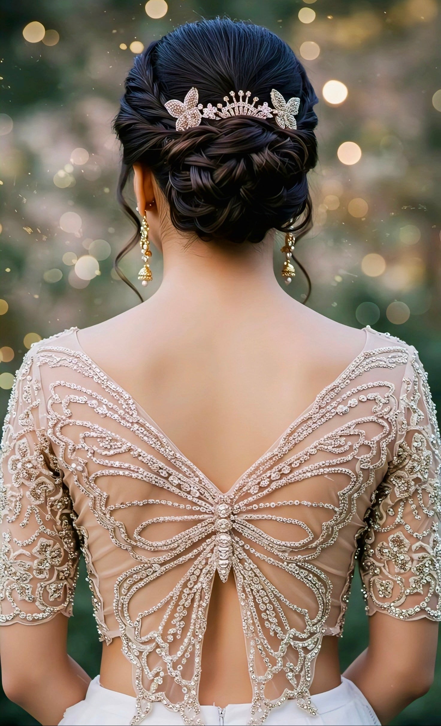 Woman wearing a nude net butterfly cut embroidered blouse with crystal beadwork, perfect for bridal and party wear.