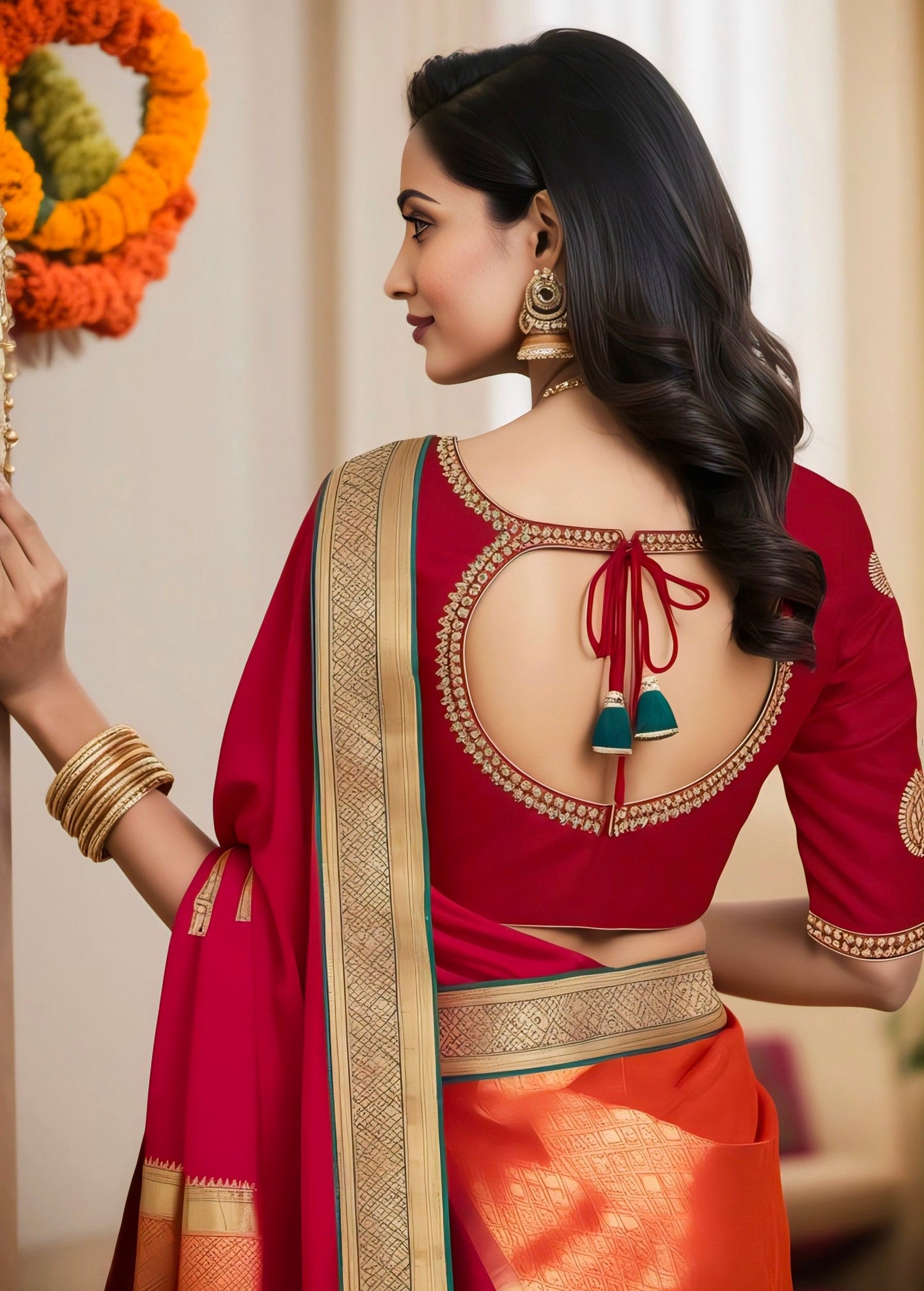 Woman wearing a red embroidered round-back blouse with tassel tie-up, styled with a silk saree.