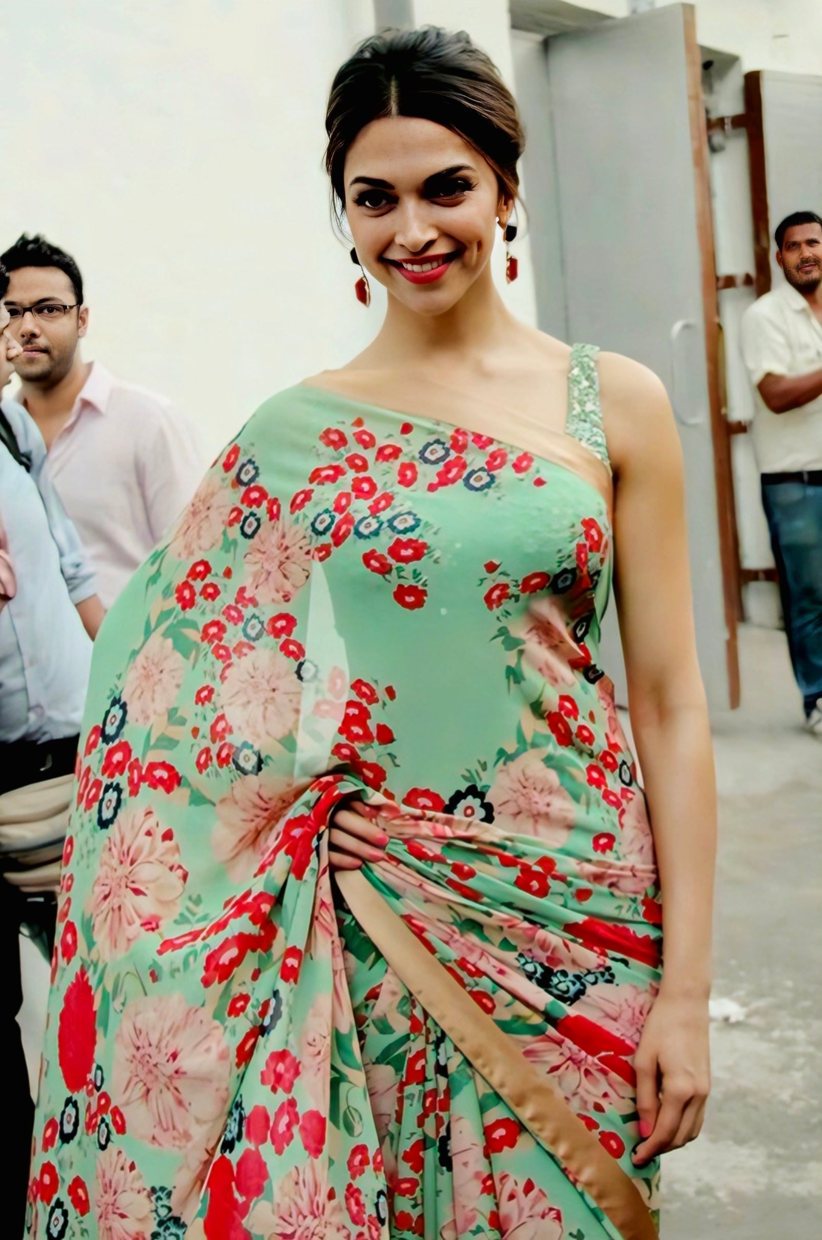 Mint green floral Deepika-inspired saree with stylish blouse