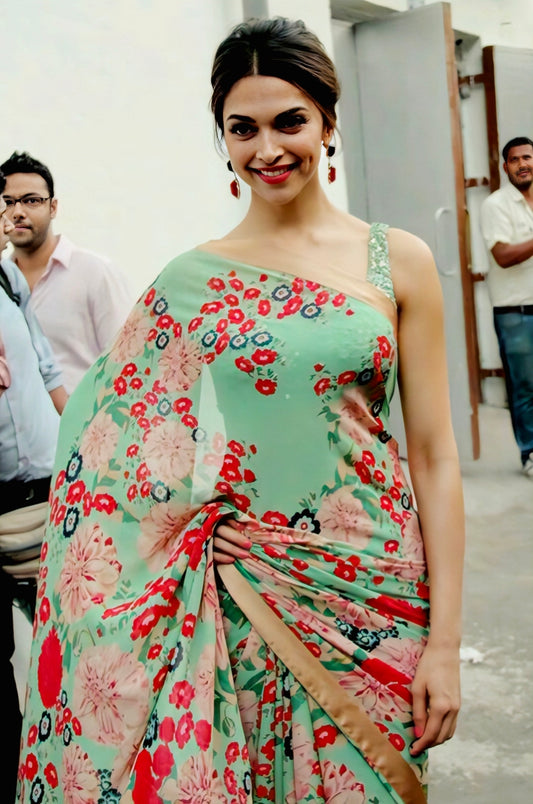 Mint green floral Deepika-inspired saree with stylish blouse