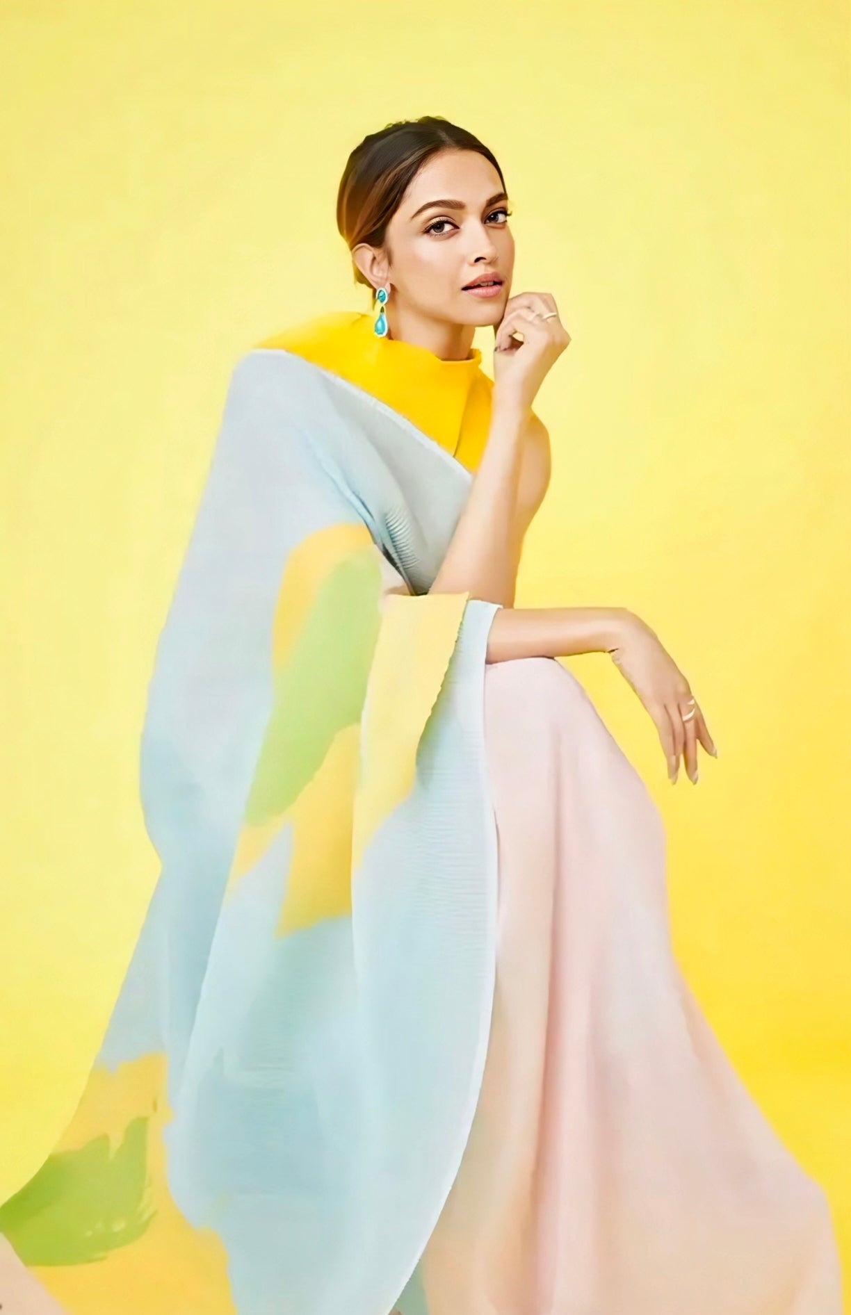 Pastel organza saree with abstract print and yellow contrast blouse