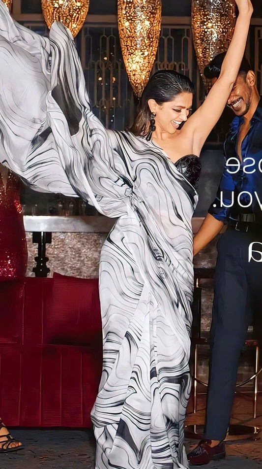 Deepika Padukone inspired black and white abstract print party wear saree