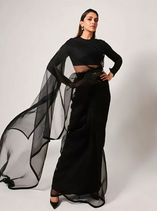 Deepika Padukone inspired black organza saree with designer blouse