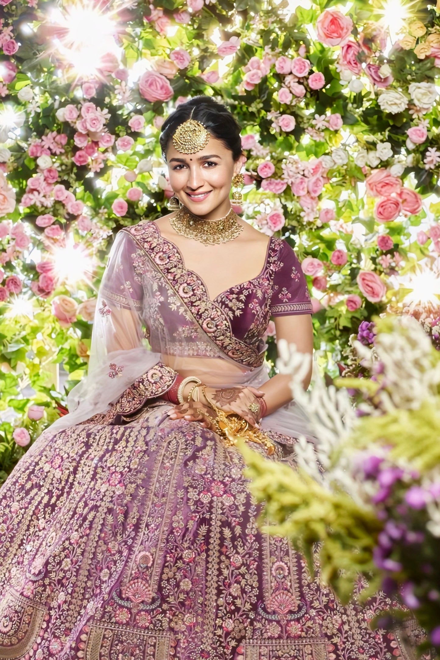 Alia Bhatt wedding lehenga inspired purple bridal lehenga with floral embroidery and sheer dupatta