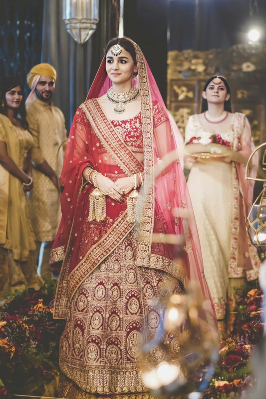 Alia Bhatt wedding lehenga inspired red bridal lehenga with heavy golden embroidery and dupatta
