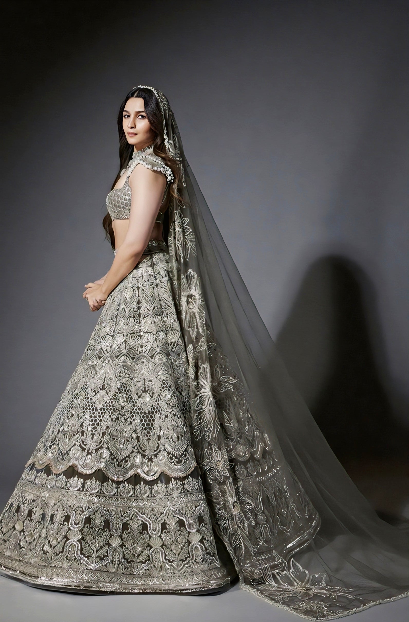 Alia Bhatt wedding lehenga inspired silver embroidered bridal lehenga with designer dupatta