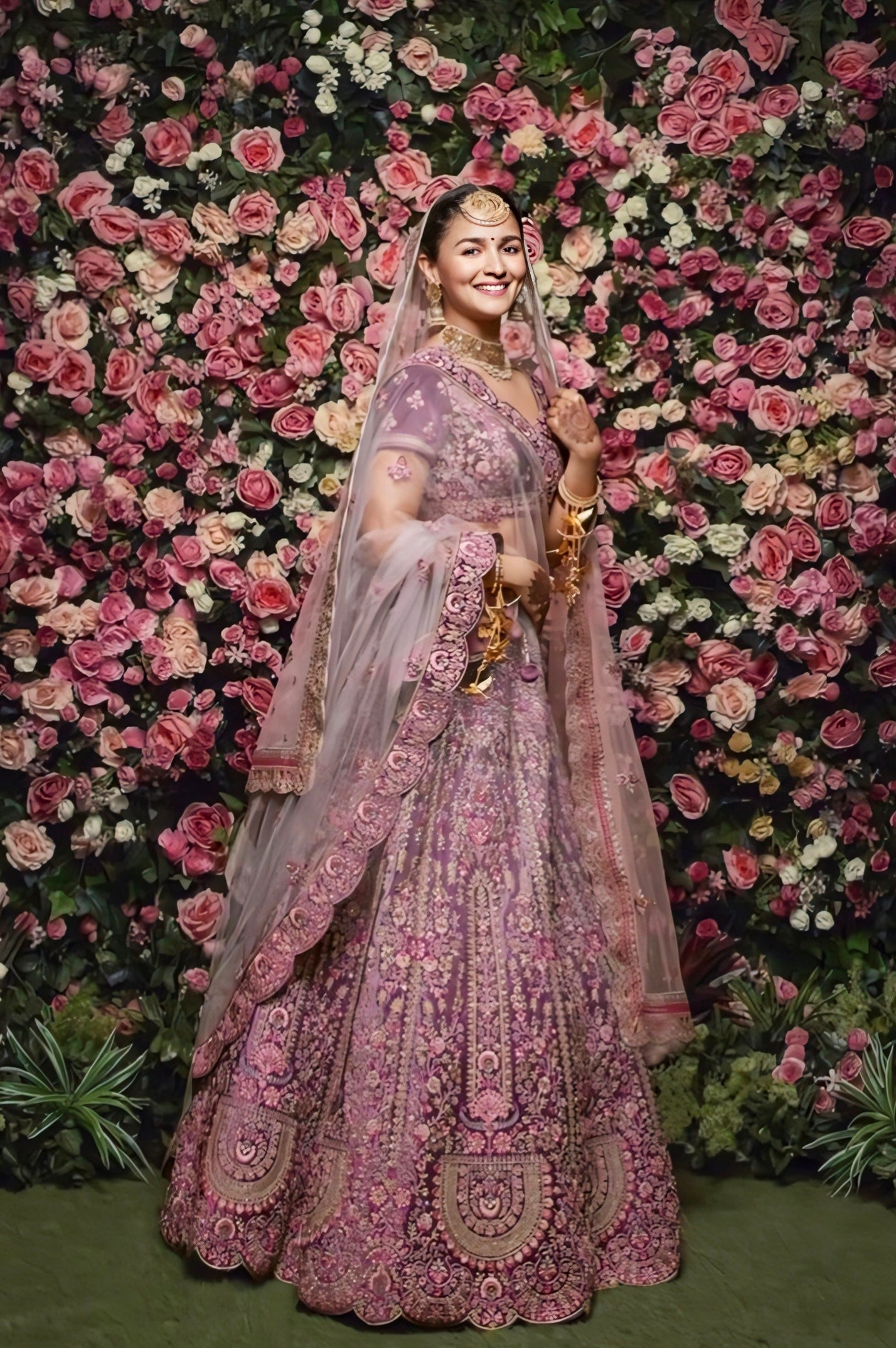 Lavender heavy embroidered bridal lehenga with floral detailing and matching dupatta.