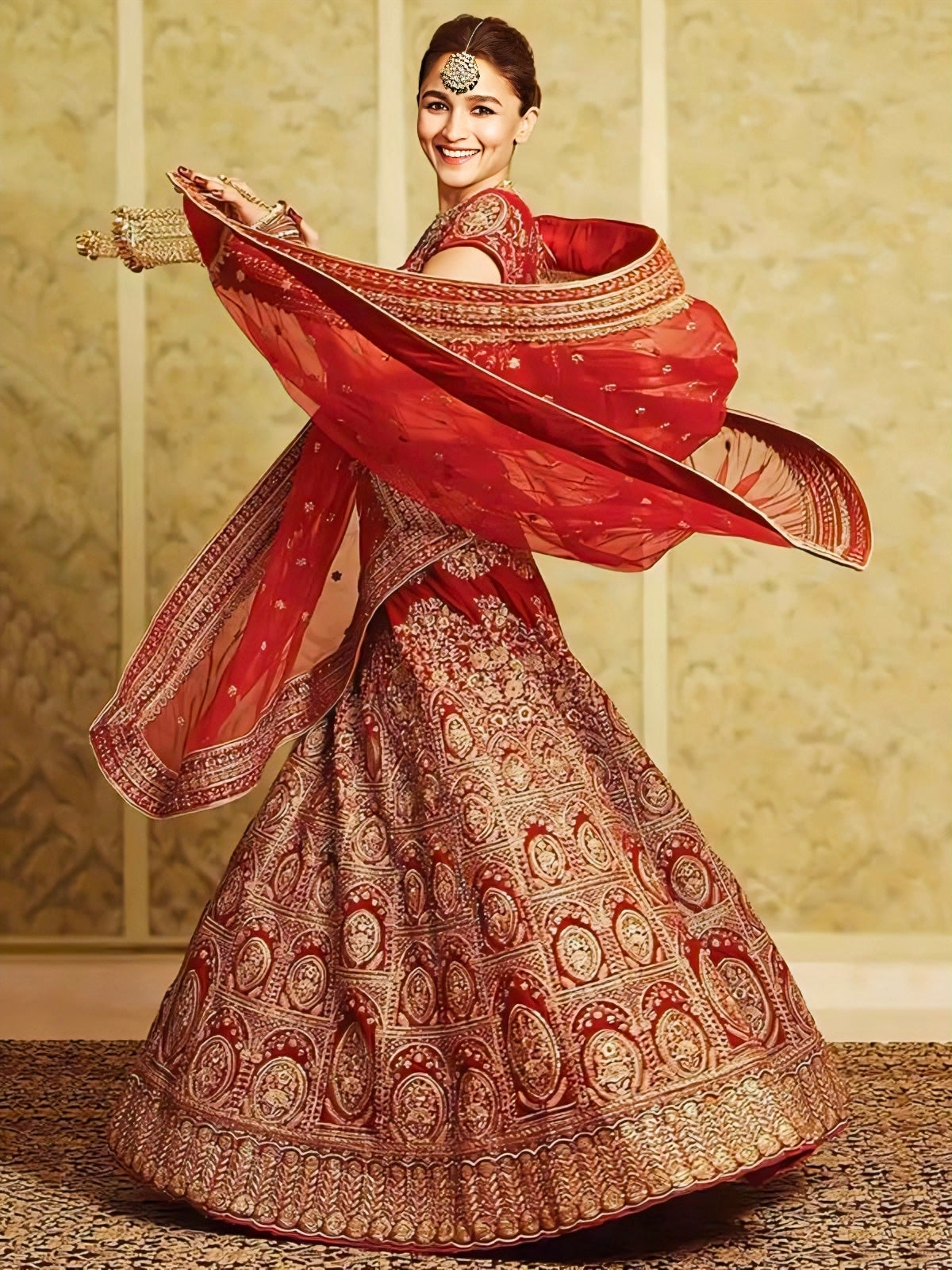 Alia Bhatt wedding lehenga inspired red bridal lehenga with golden embroidery and dupatta