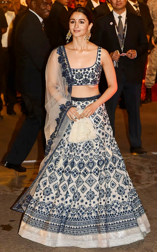 Alia Bhatt wedding lehenga inspired blue and white embroidered designer lehenga with net dupatta