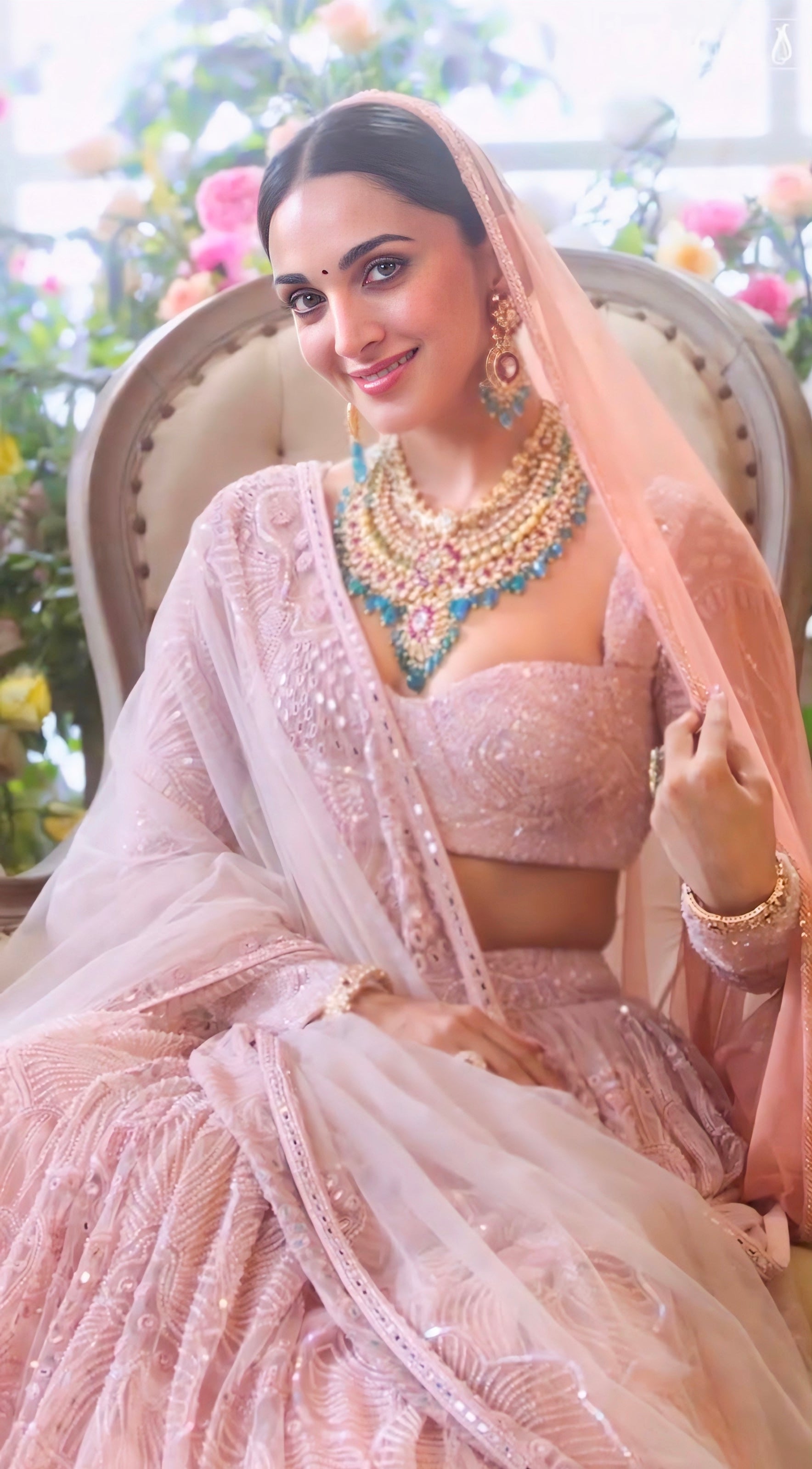 Blush pink bridal lehenga inspired by Kiara Advani wedding lehenga with sequins and hand embroidery.