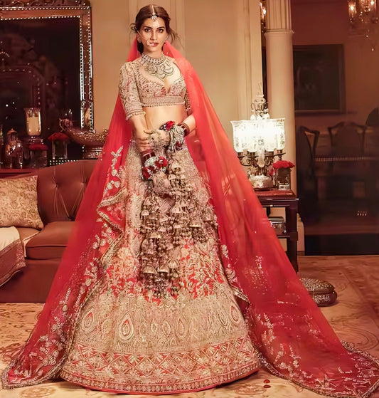 Kriti Sanon inspired red heavy bridal embroidered lehenga with zari and stone work – Rimzim Fashion.