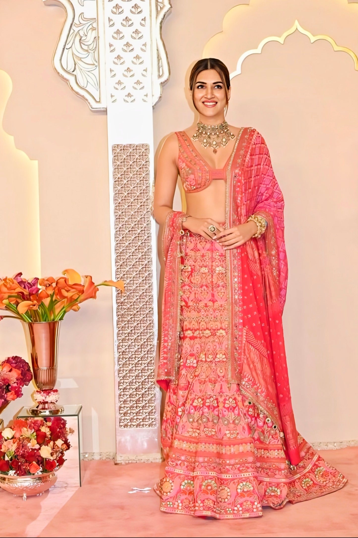 Kriti Sanon Inspired Coral Pink Heavy Embroidered Designer Lehenga