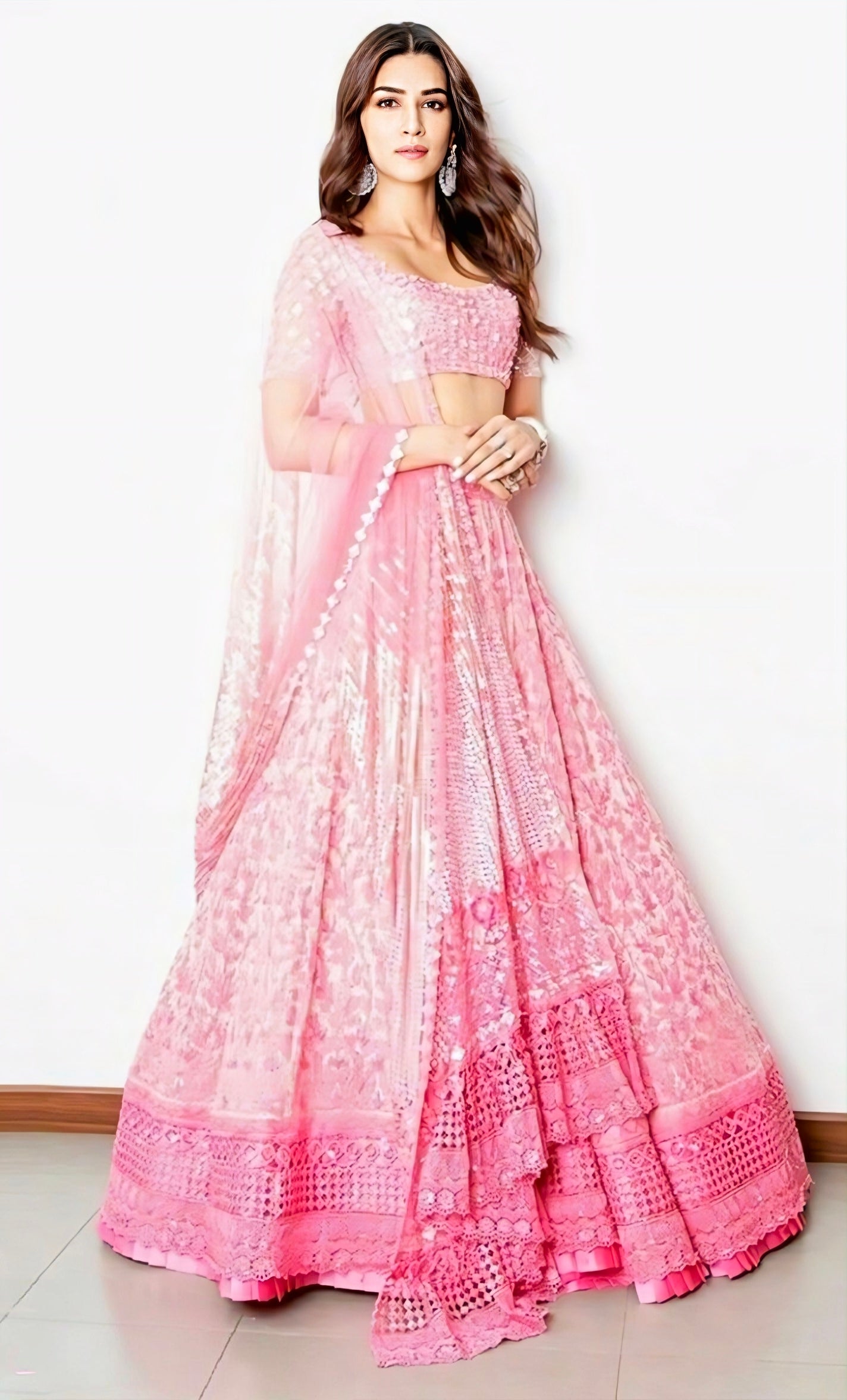 Kriti Sanon inspired pastel pink embroidered lehenga with sequins and net dupatta – Rimzim Fashion.