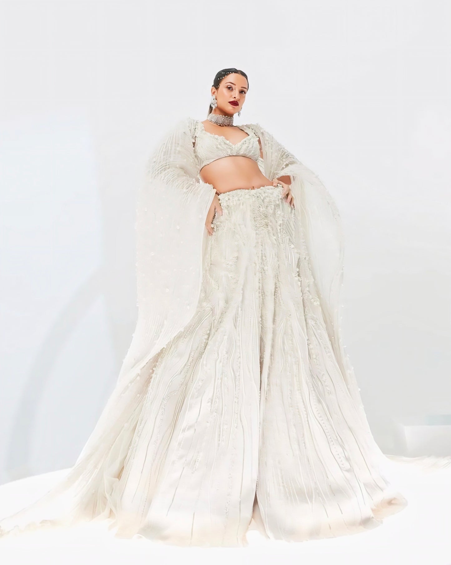 Ivory White Heavy Embroidered Designer Lehenga Choli with Cape Dupatta