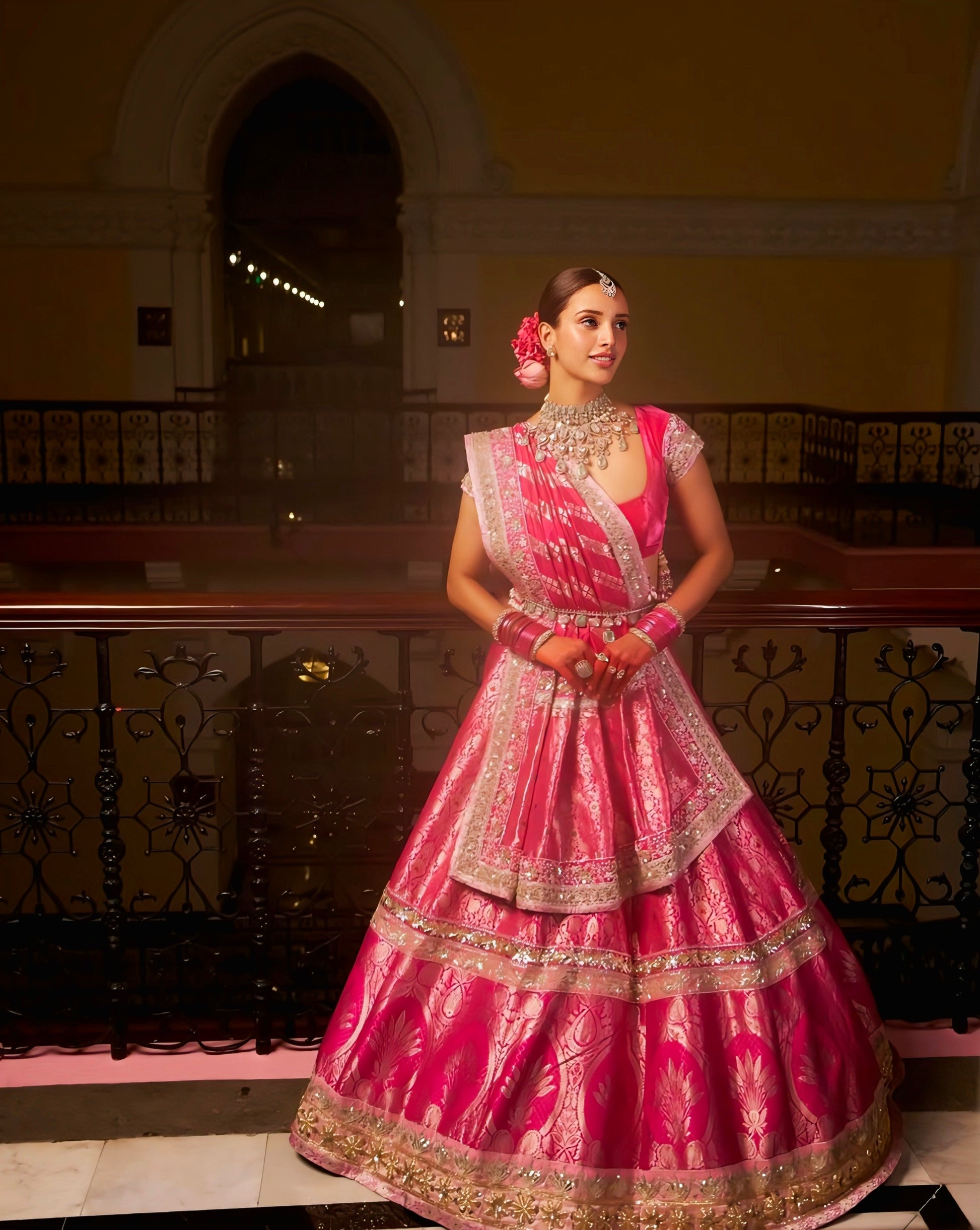 Triptii Dimri inspired rani pink Banarasi silk bridal lehenga with zari work and matching dupatta