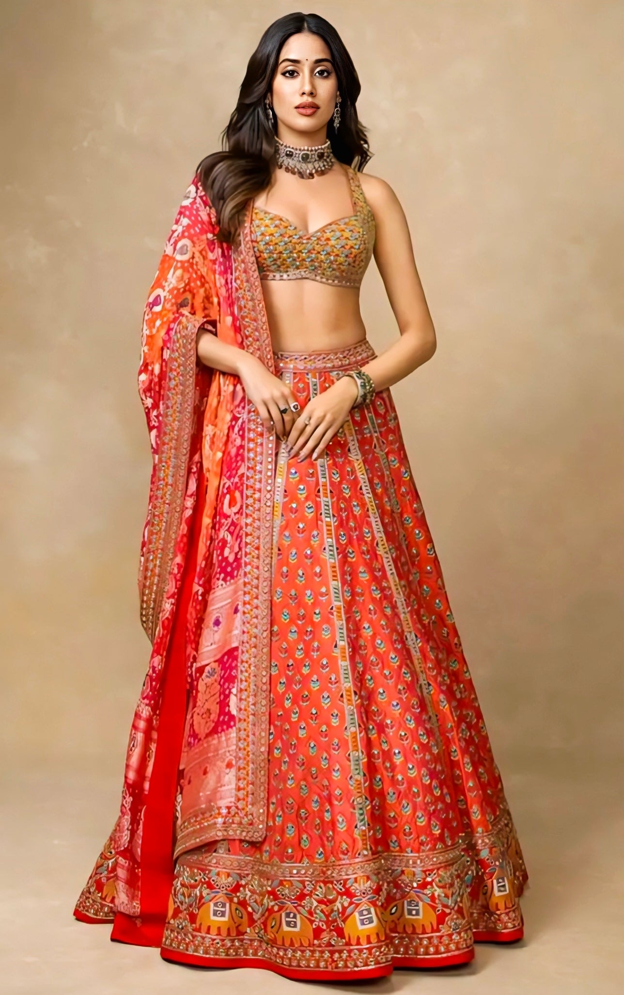 Janhvi Kapoor Inspired Red Bandhani Print Designer Lehenga Choli