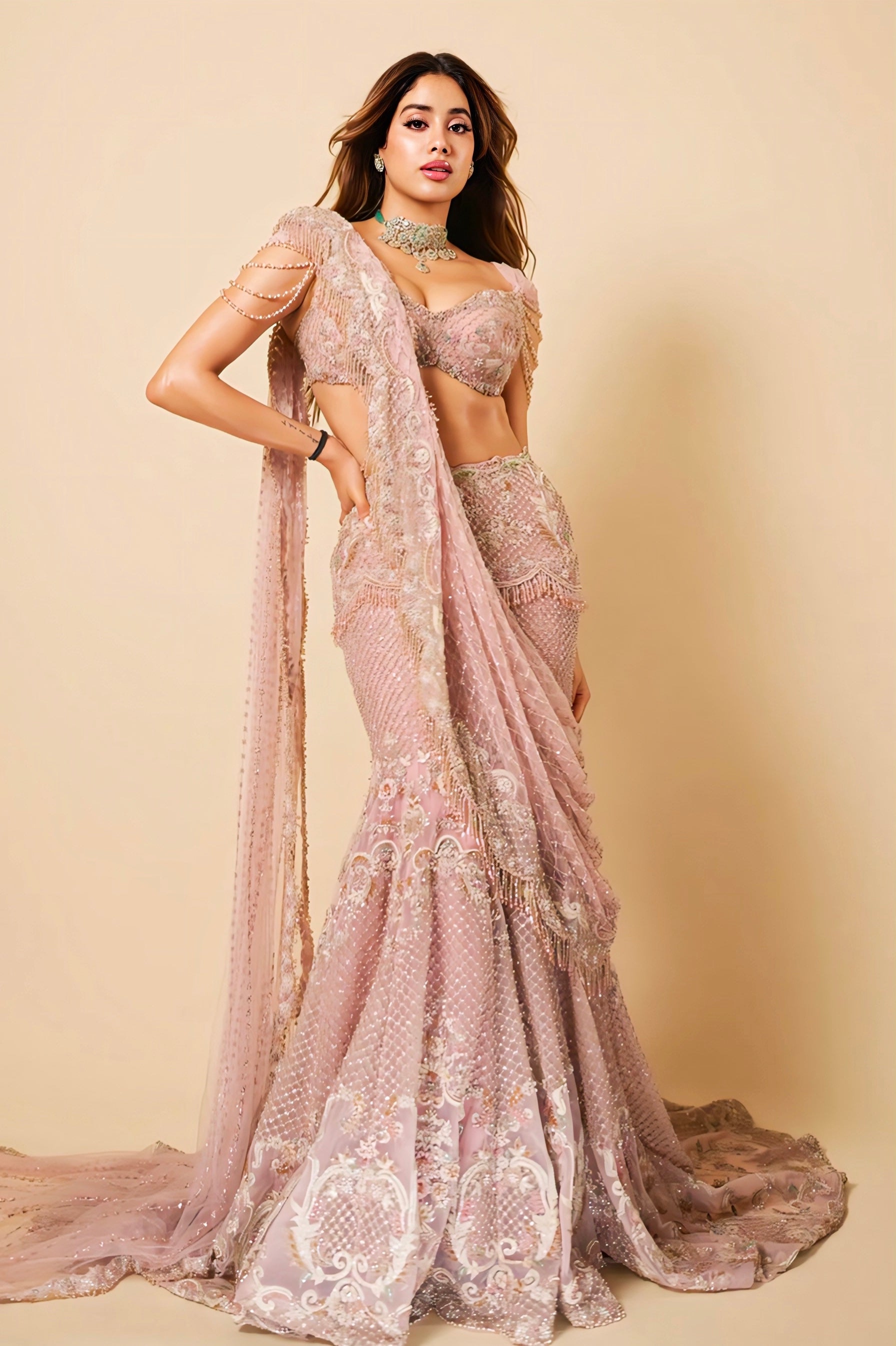 Blush pink net embroidered lehenga inspired by Janhvi Kapoor