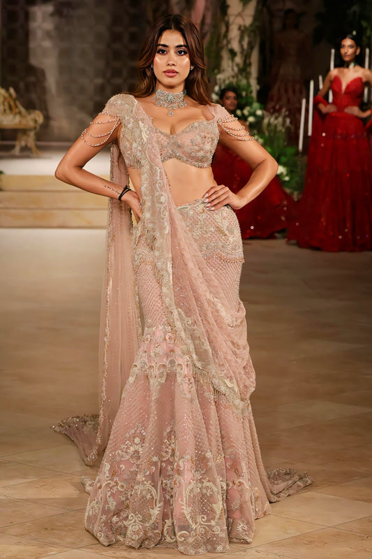 Janhvi Kapoor Inspired Blush Pink Net Designer Lehenga Choli