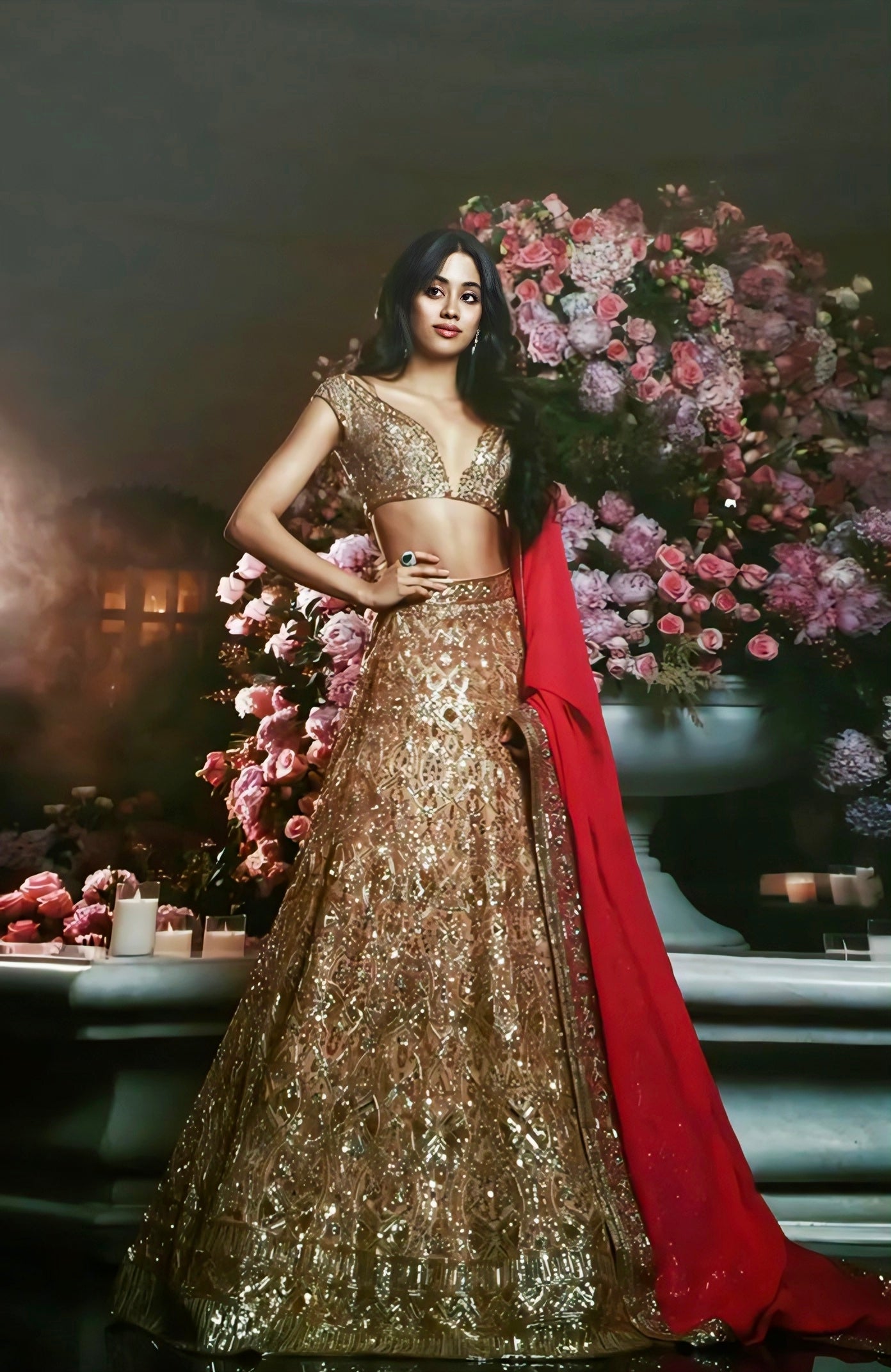 Golden mirror work bridal lehenga inspired by Janhvi Kapoor
