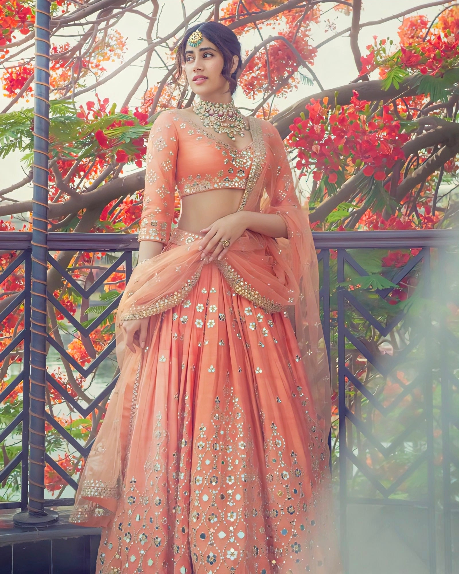 Janhvi Kapoor inspired peach mirror work lehenga choli