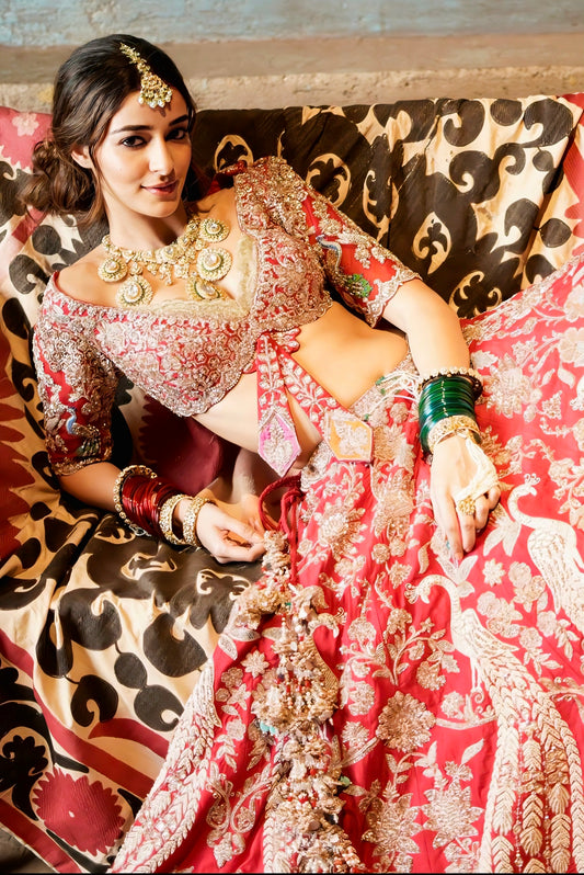 Ananya Panday Inspired Red Peacock Embroidered Bridal Lehenga Choli