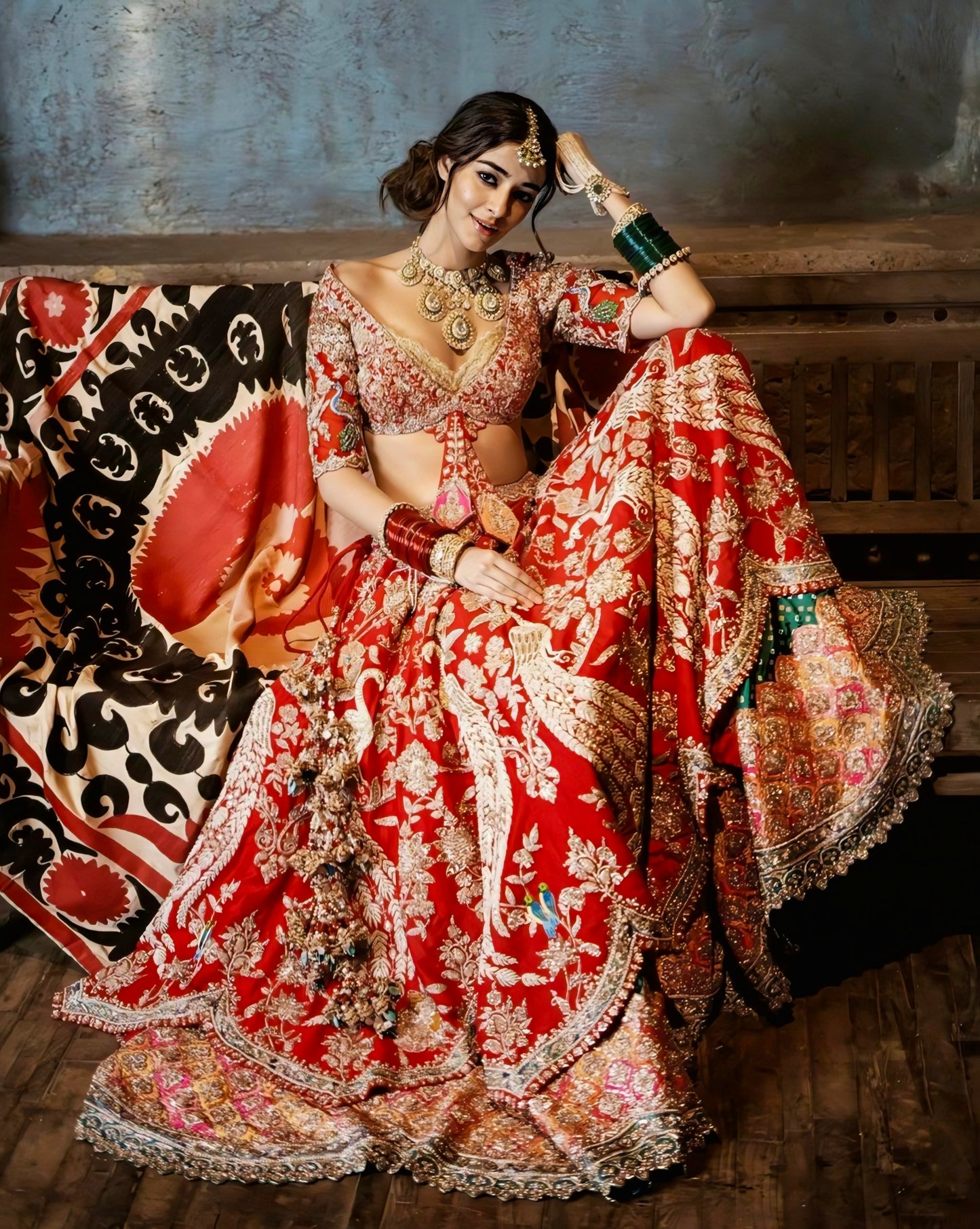 Ananya Panday Inspired Red Peacock Embroidered Bridal Lehenga Choli