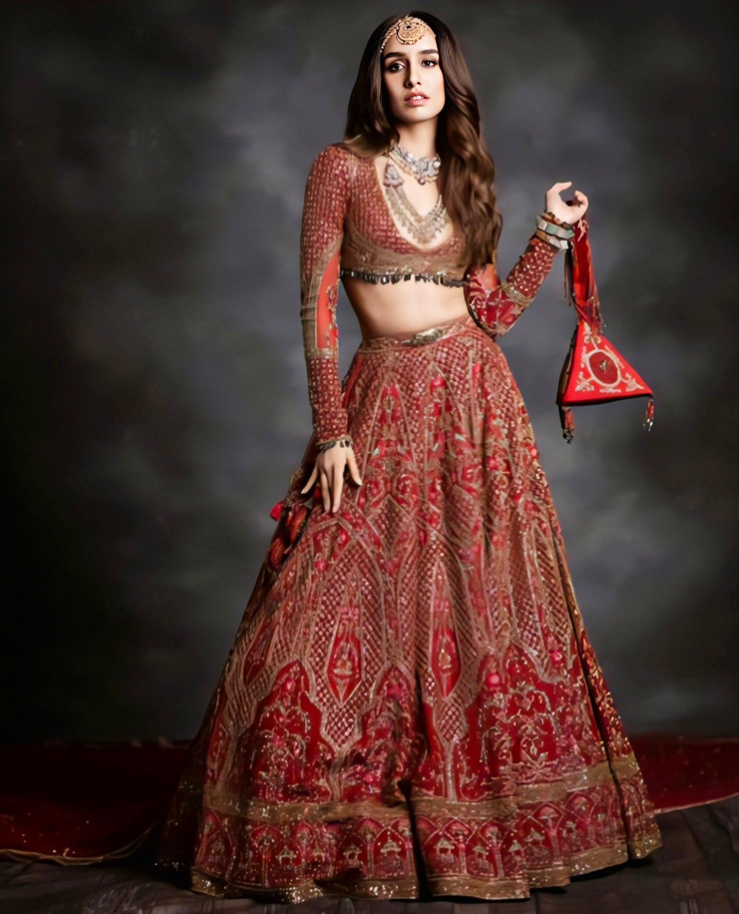 Shraddha Kapoor inspired red bridal wedding lehenga with full sleeve embroidered blouse