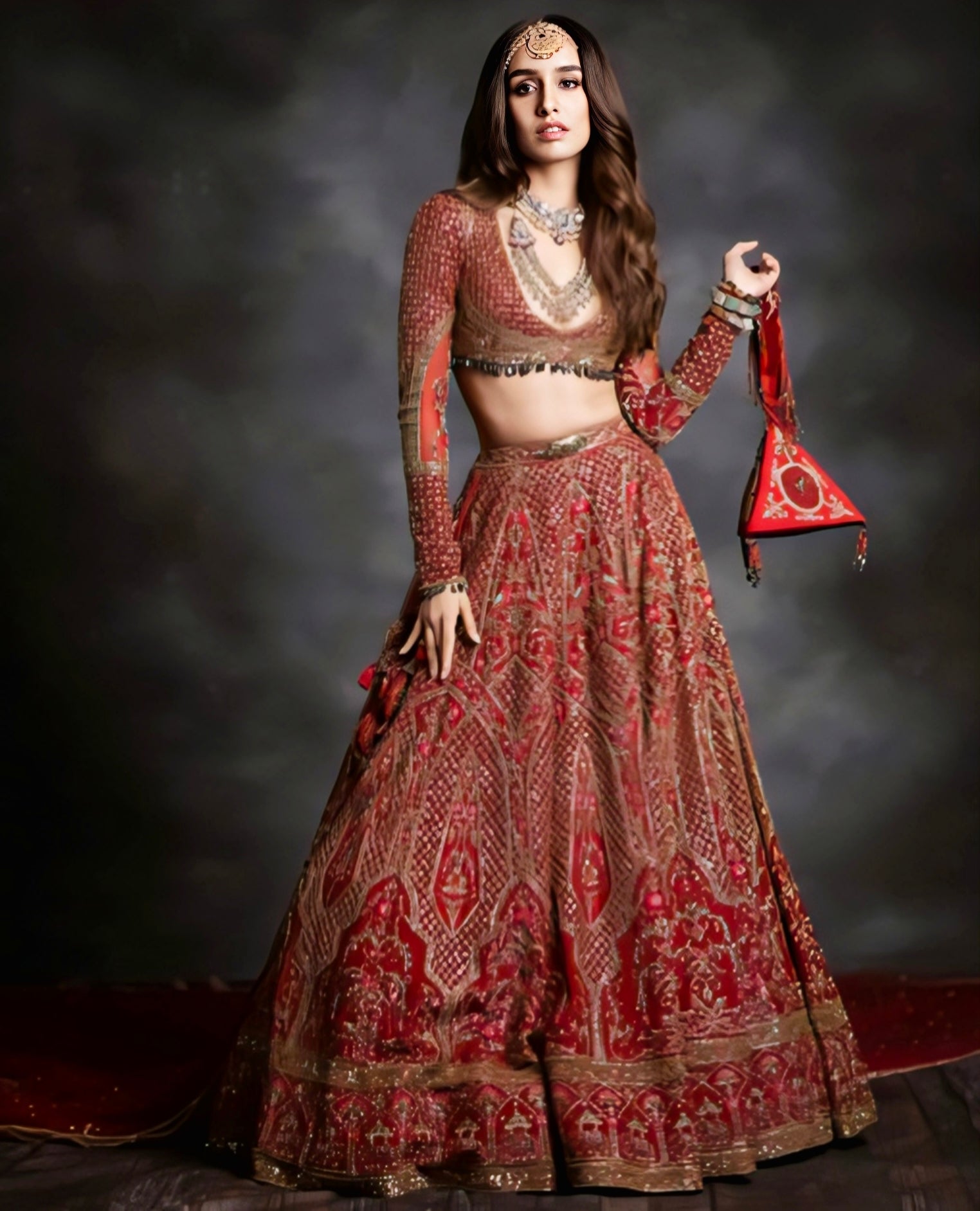 Shraddha Kapoor inspired red bridal wedding lehenga with full sleeve embroidered blouse