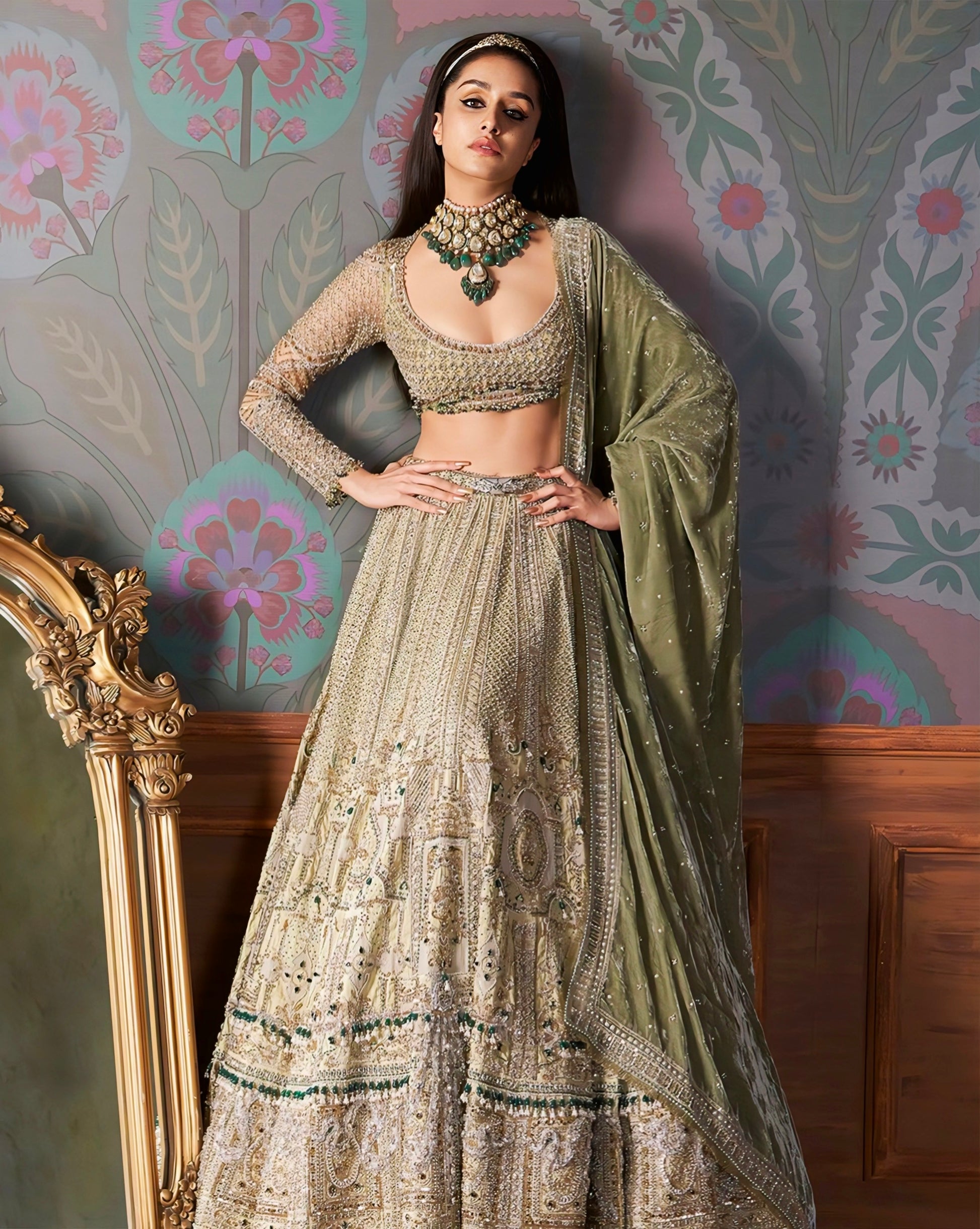 Shraddha Kapoor Inspired olive green embroidered lehenga choli with heavy work