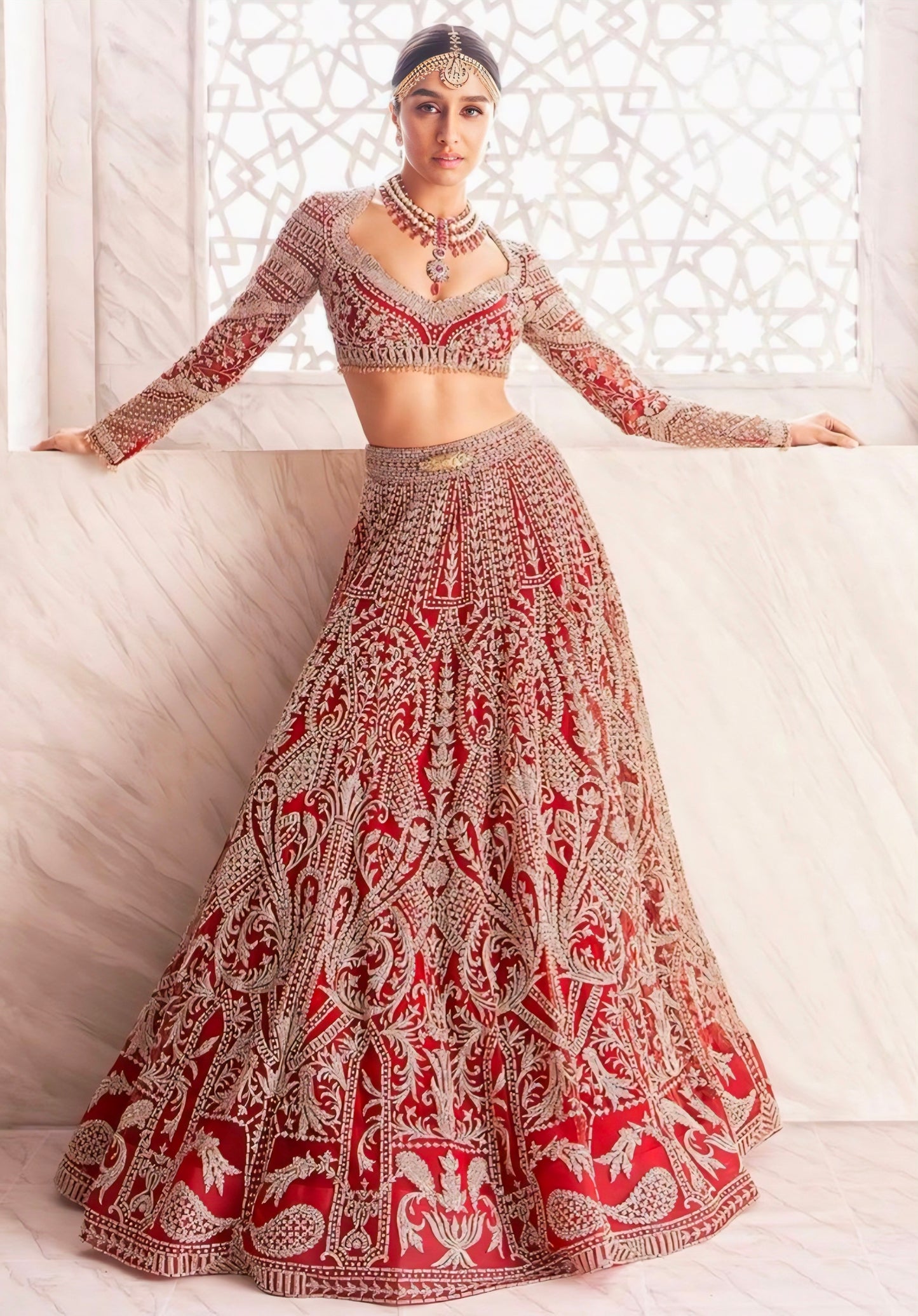 Red heavy embroidered bridal lehenga choli with full sleeve blouse
