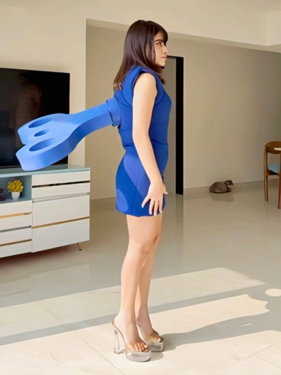 Urfi Javed cobalt blue sleeveless mini dress with oversized sculptural key accessory and clear block heels