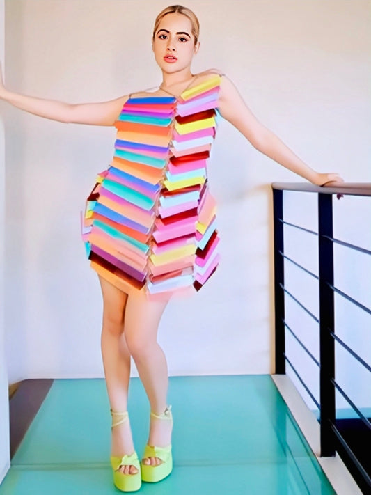 Urfi Javed multicolored comb dress in tiered design paired with neon green platform heels bold couture fashion look