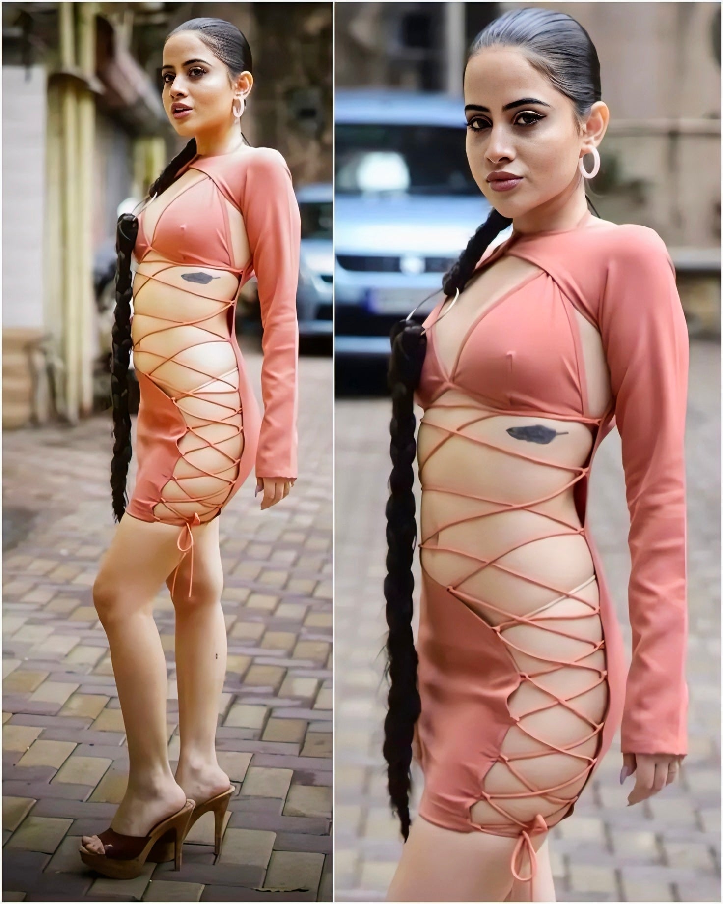 Urfi Javed inspired peach lace-up cut-out bodycon mini dress