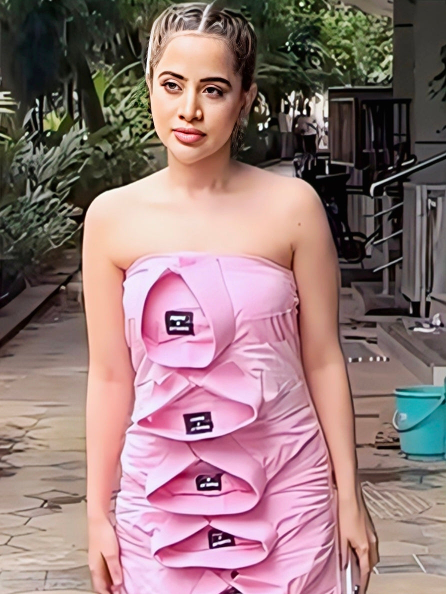 Urfi Javed pink strapless dress made from layered shirts with structured tiers and functional pockets upcycled couture look