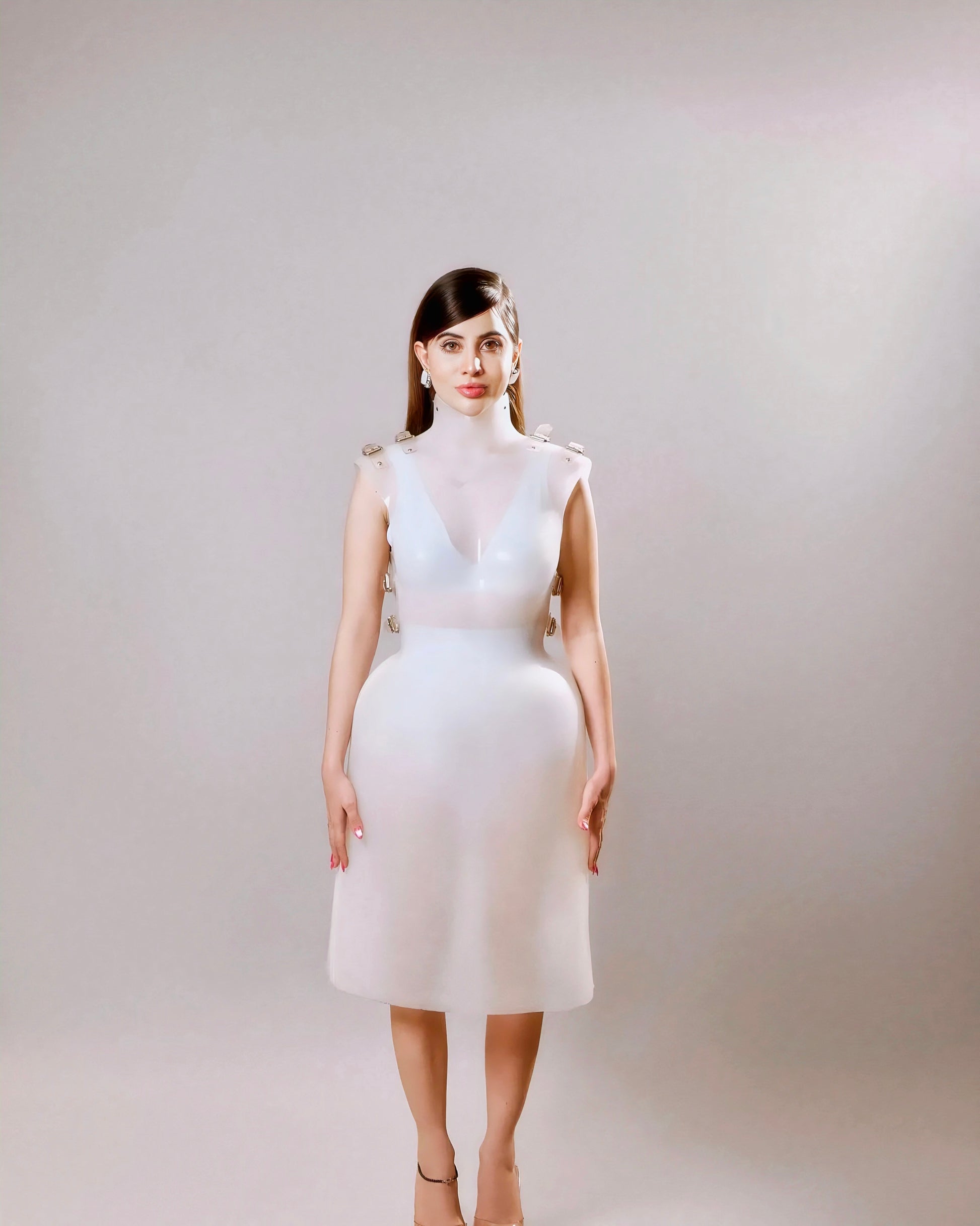 Urfi Javed white high neck plastic bodycon dress with metallic shoulder accents futuristic couture look