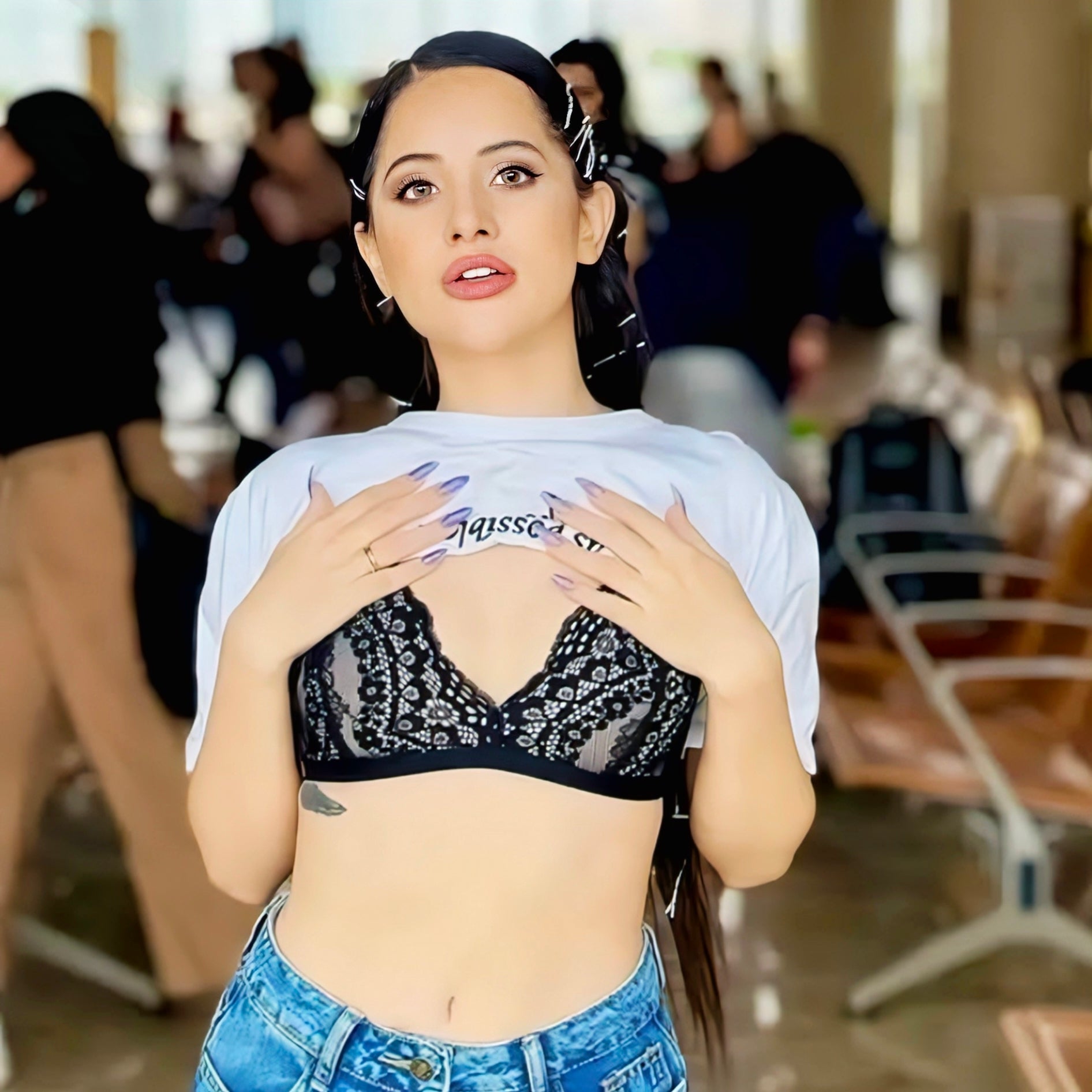 Urfi Javed inspired black lace bralette with cropped tee styling