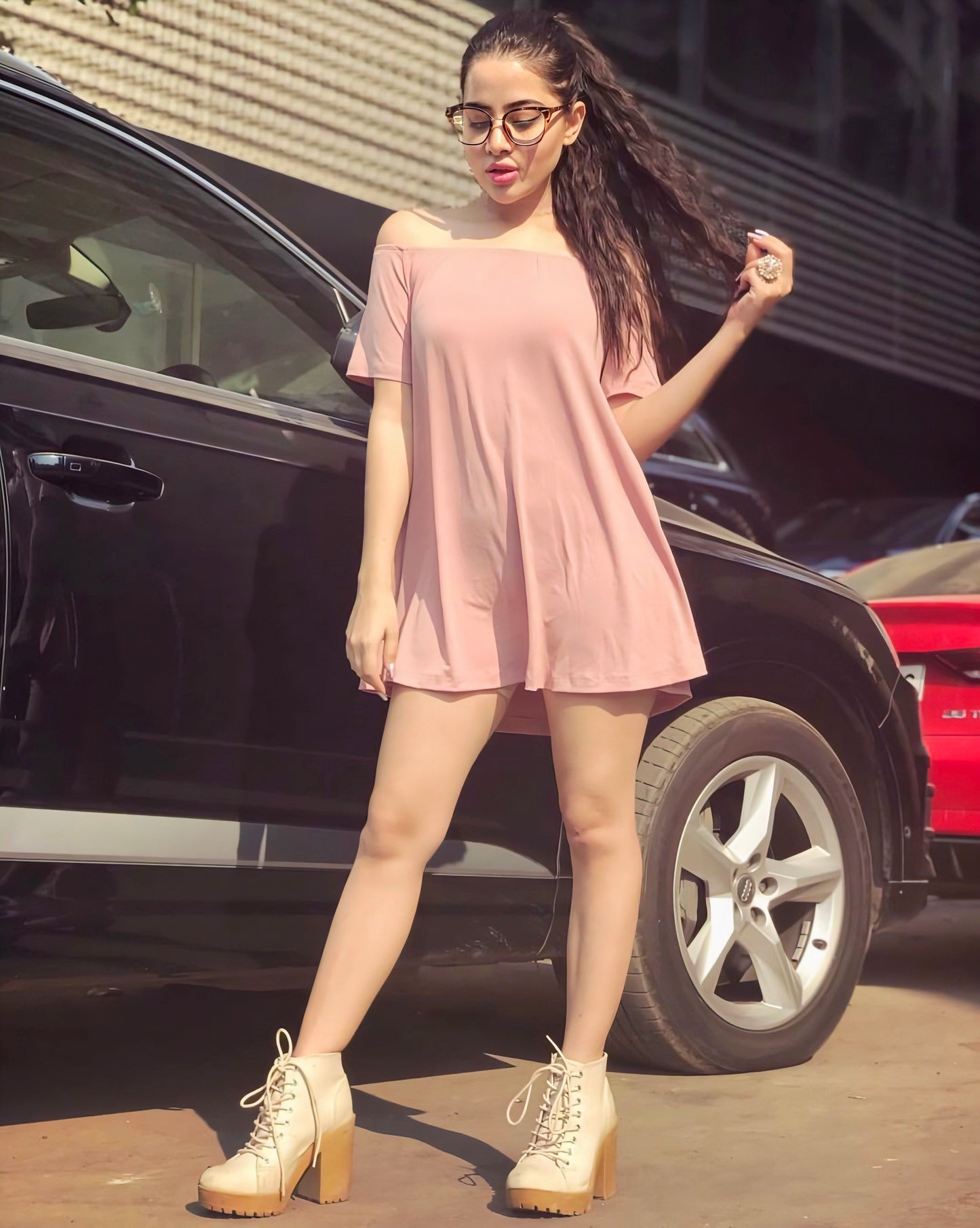 Urfi Javed bold dress inspired off shoulder short pink party outfit