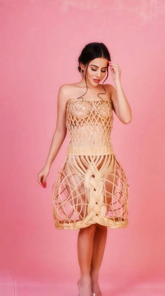 Urfi Javed bamboo dress woven strappy sustainable couture fashion look