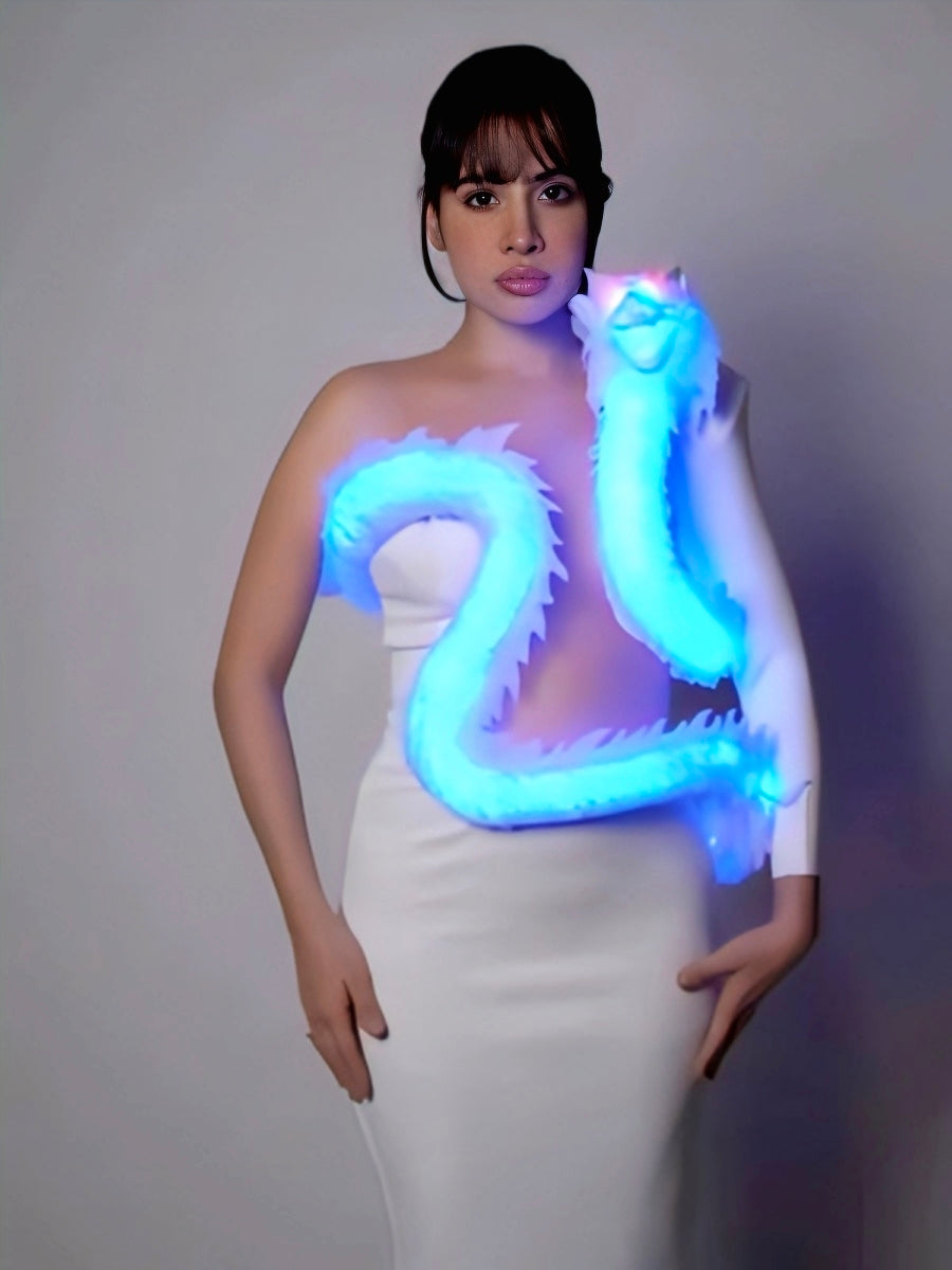 Urfi Javed dragon dress, blue fire fantasy couture, futuristic bodycon dress India, Urfi Javed bold fashion look, fantasy fashion couture, statement illuminated dress