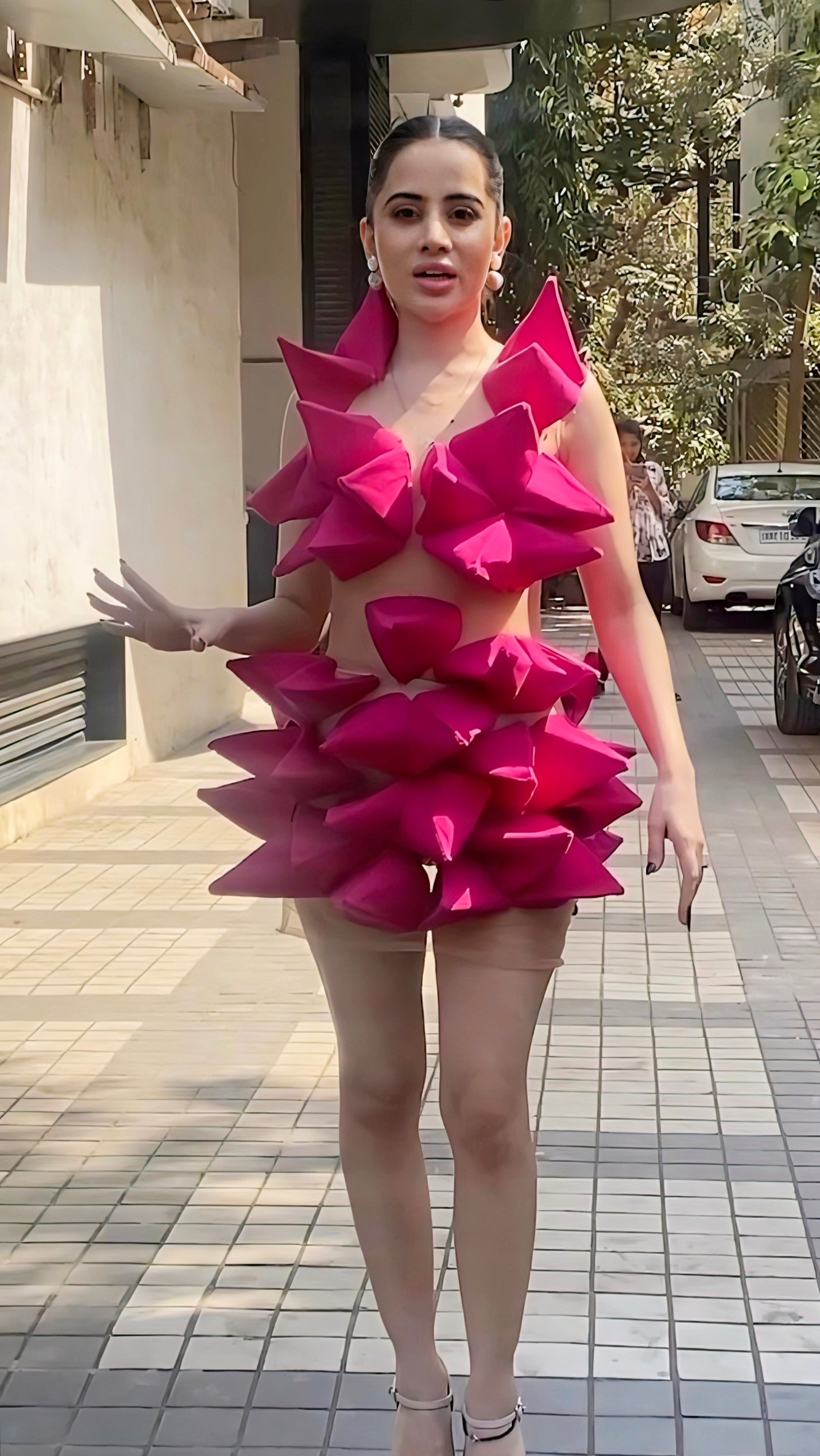 Urfi Javed inspired pink 3D floral bold mini dress