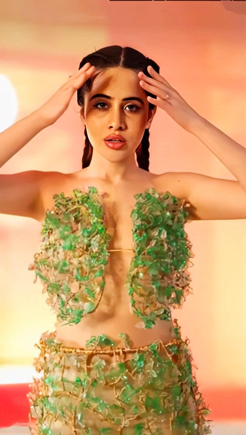 Urfi Javed strapless dress made from upcycled plastic bottles with green and gold textures eco couture fashion look