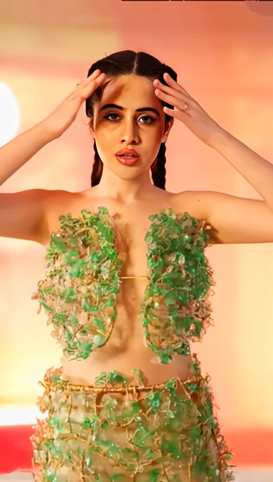 Urfi Javed strapless dress made from upcycled plastic bottles with green and gold textures eco couture fashion look