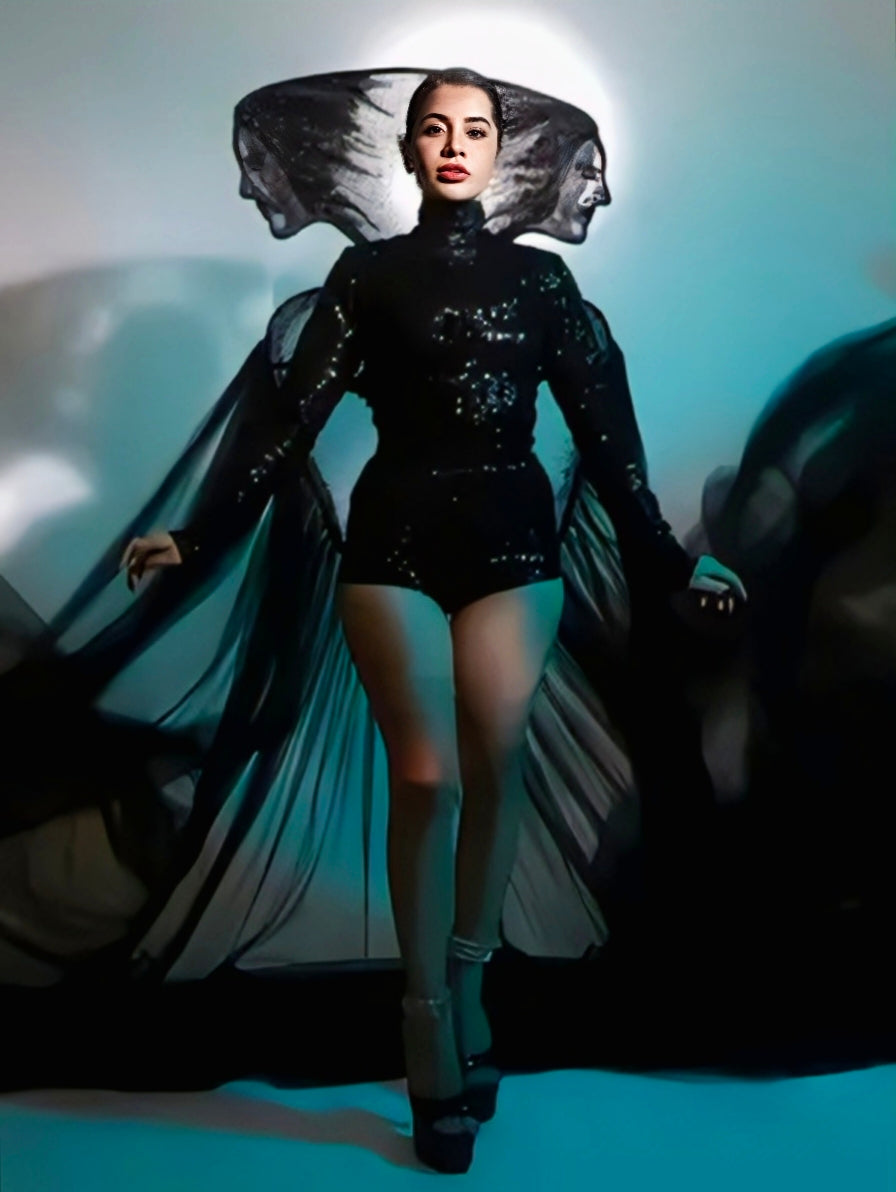 Urfi Javed black structured bodysuit with dramatic facial motif headpiece representing cosmic creation and dissolution