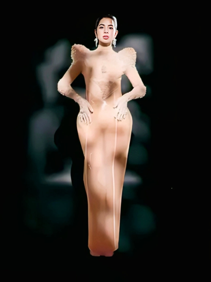 Urfi Javed ivory pearl and stone embellished dress with dramatic shoulders and transparent Latin skirt