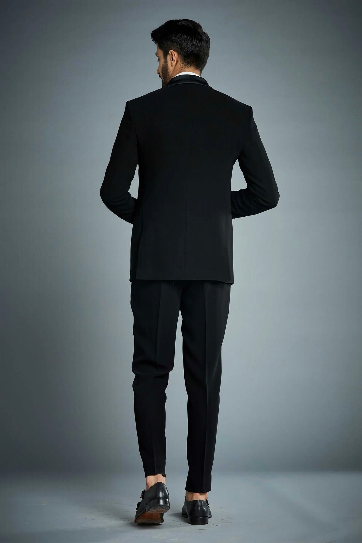 Designer Black Tuxedo Suit for Men with Satin Lapel & Modern Embellished Detailing