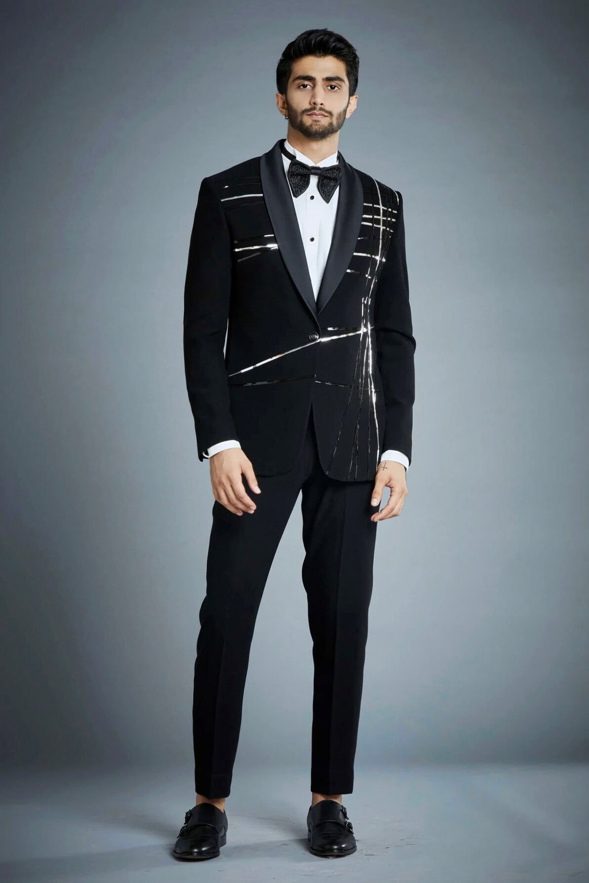 Designer Black Tuxedo Suit for Men with Satin Lapel & Modern Embellished Detailing