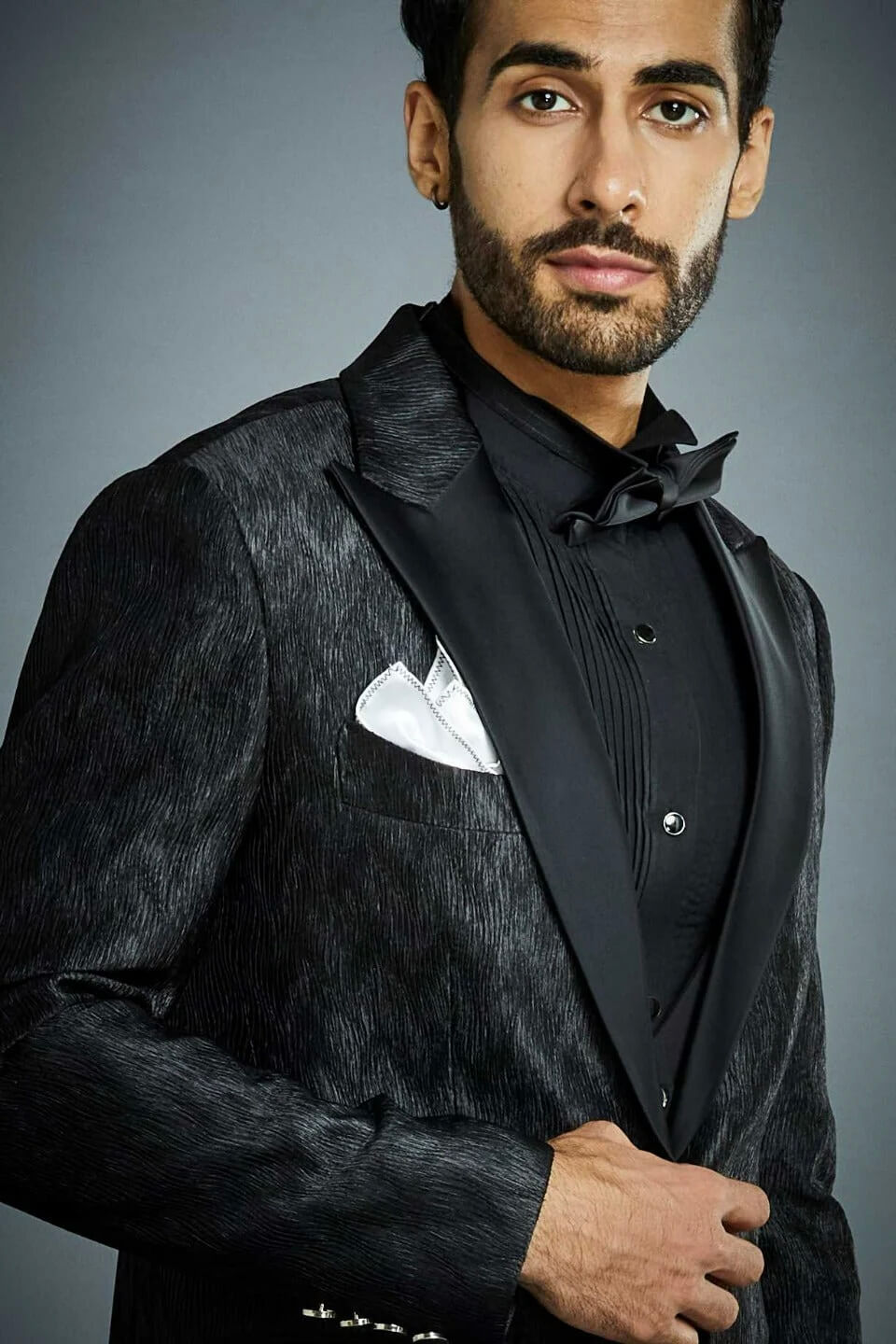 Luxury Black Textured Tuxedo Suit for Men with Satin Peak Lapel & Waistcoat